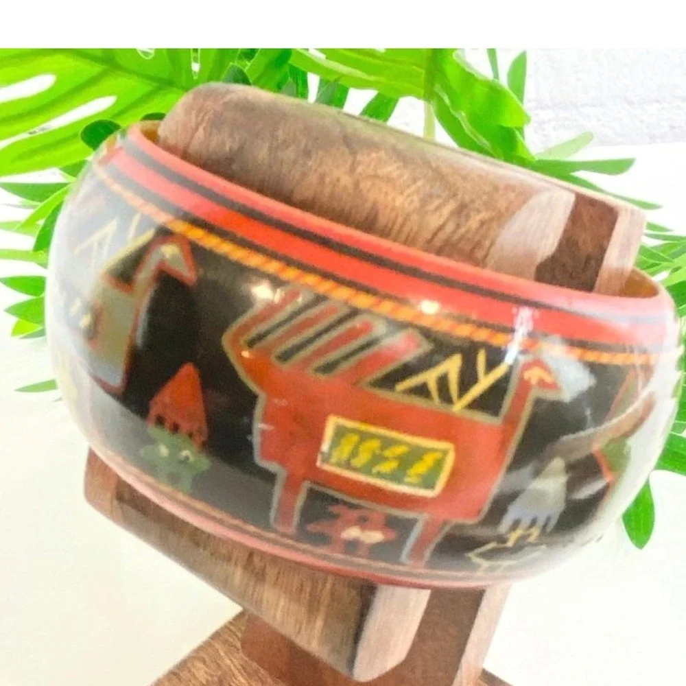 Unbranded Hand Painted Wood Bangle Bracelet Set Women‎ OS Multicolor Boho Stack